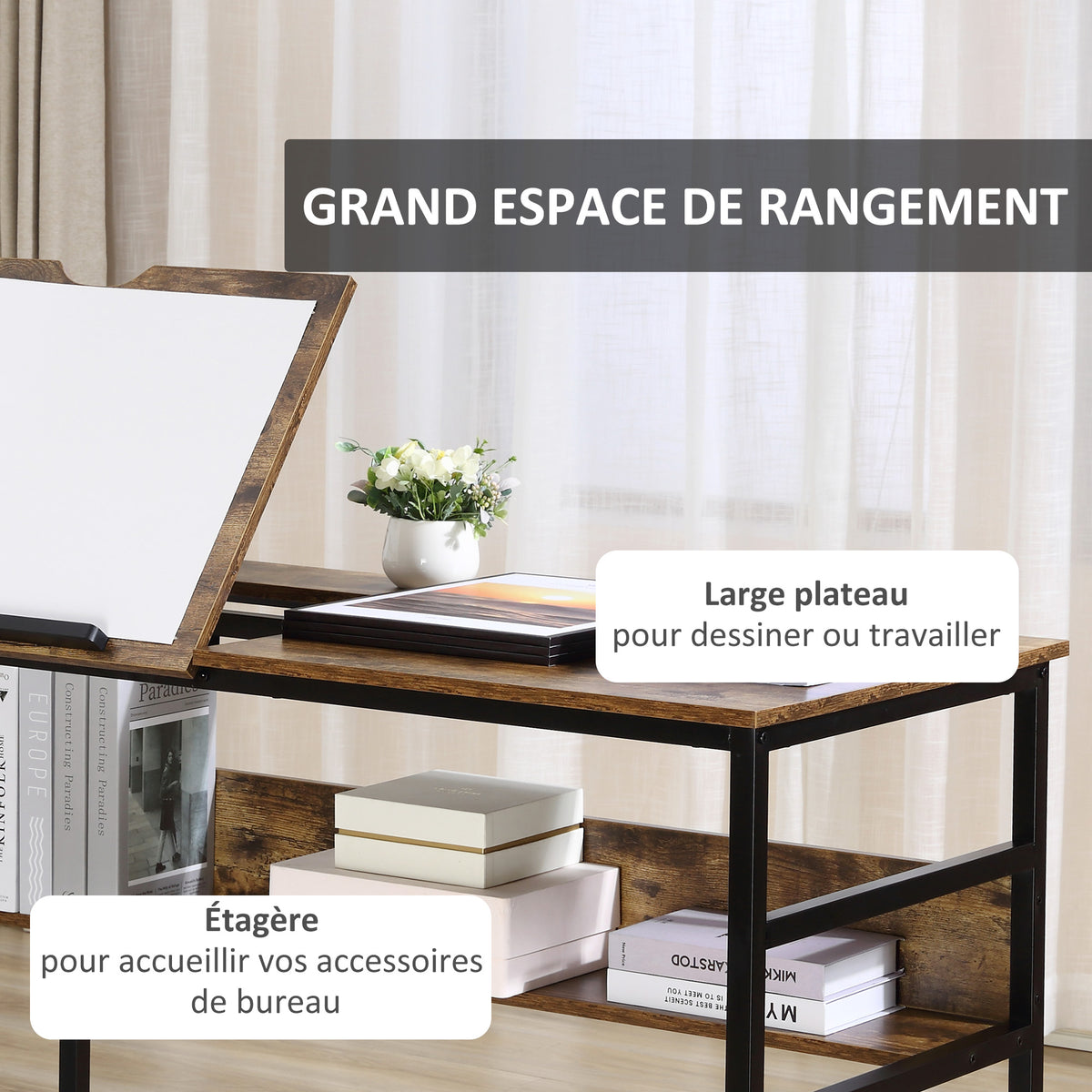 Bureau informatique design industriel - plateau relevable, étagère - panneaux particules aspect vieux bois métal noir