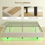 Cadre de lit flottant 140 x 190 cm avec éclairage LED, lit double rembourré en lin, sommier à lattes en bois, beige
