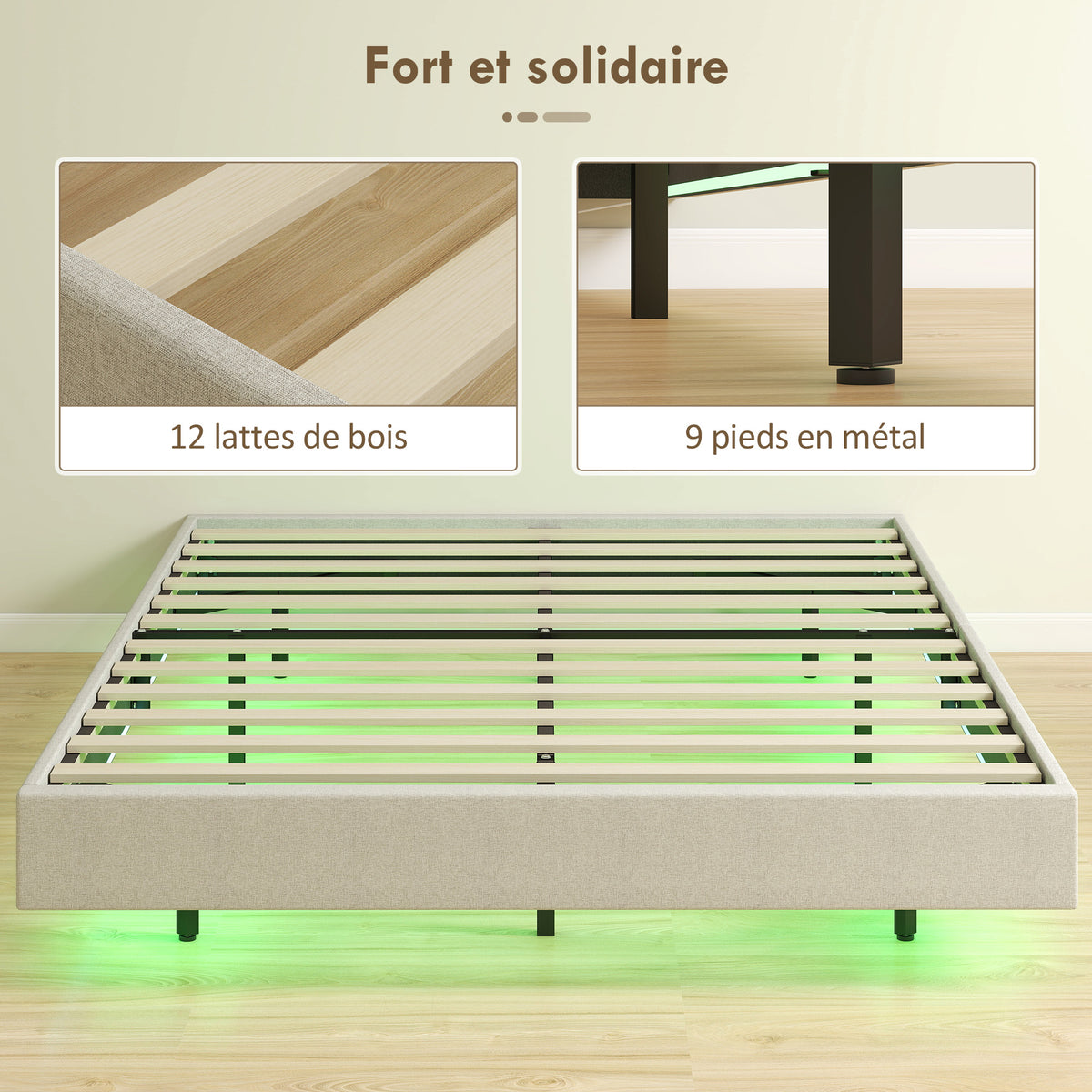Cadre de lit flottant 140 x 190 cm avec éclairage LED, lit double rembourré en lin, sommier à lattes en bois, beige