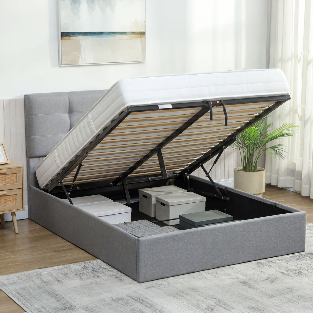 Lit coffre 140x190, cadre de lit double rembourré avec sommier à lattes en bois et rangement cach, sans matelas, gris