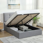 Lit coffre 140x190, cadre de lit double rembourré avec sommier à lattes en bois et rangement cach, sans matelas, gris