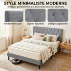 Cadre de Lit 140 x 190 cm avec Sommier, Lit Double Rembourré en Lin, Tête Capitonnée, Support à 10 Lattes, Gris