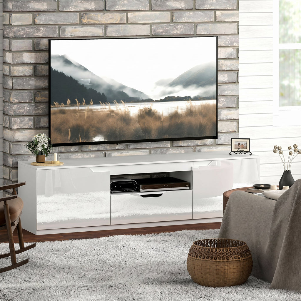 Meuble TV 160 cm, meuble télé pour téléviseur jusqu'à 65 pouces avec 2 portes et tiroir, blanc