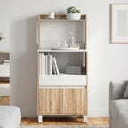 Meuble Micro-Ondes, Buffet Cuisine avec Tiroir, 2 Portes à Fermeture Douce, Plan de Travail et Étagères Ouvertes, Chêne