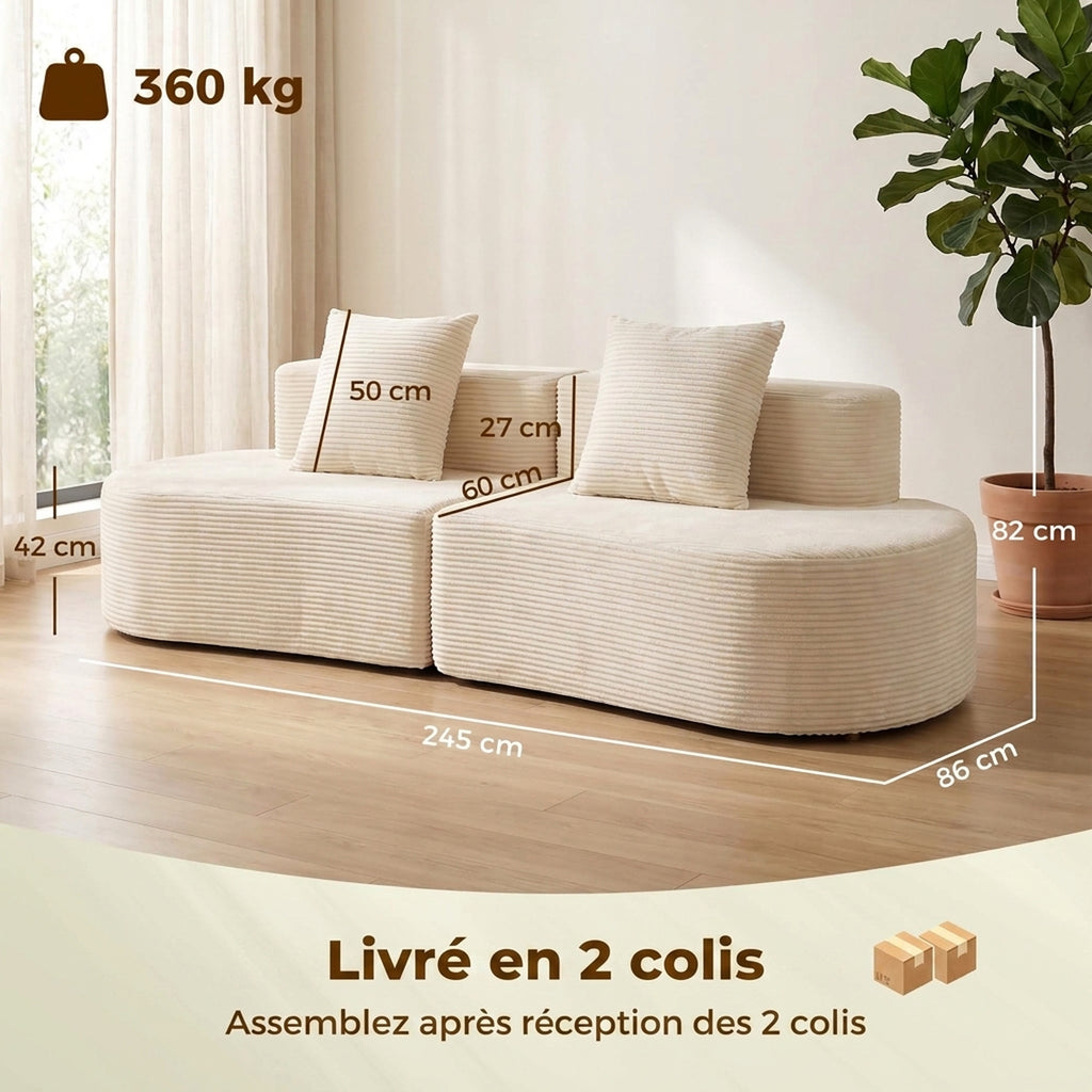 Canapé 3 Places Incurvé, Velours Côtelé 245cm, Canapé Salon, Assise Profonde, 2 Coussins, Compressé Sans Montage, Crème