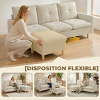 Canapé 3 places avec pouf de rangement, canapé d'angle modulable 210 cm, assise large, tissu aspect lin, crème