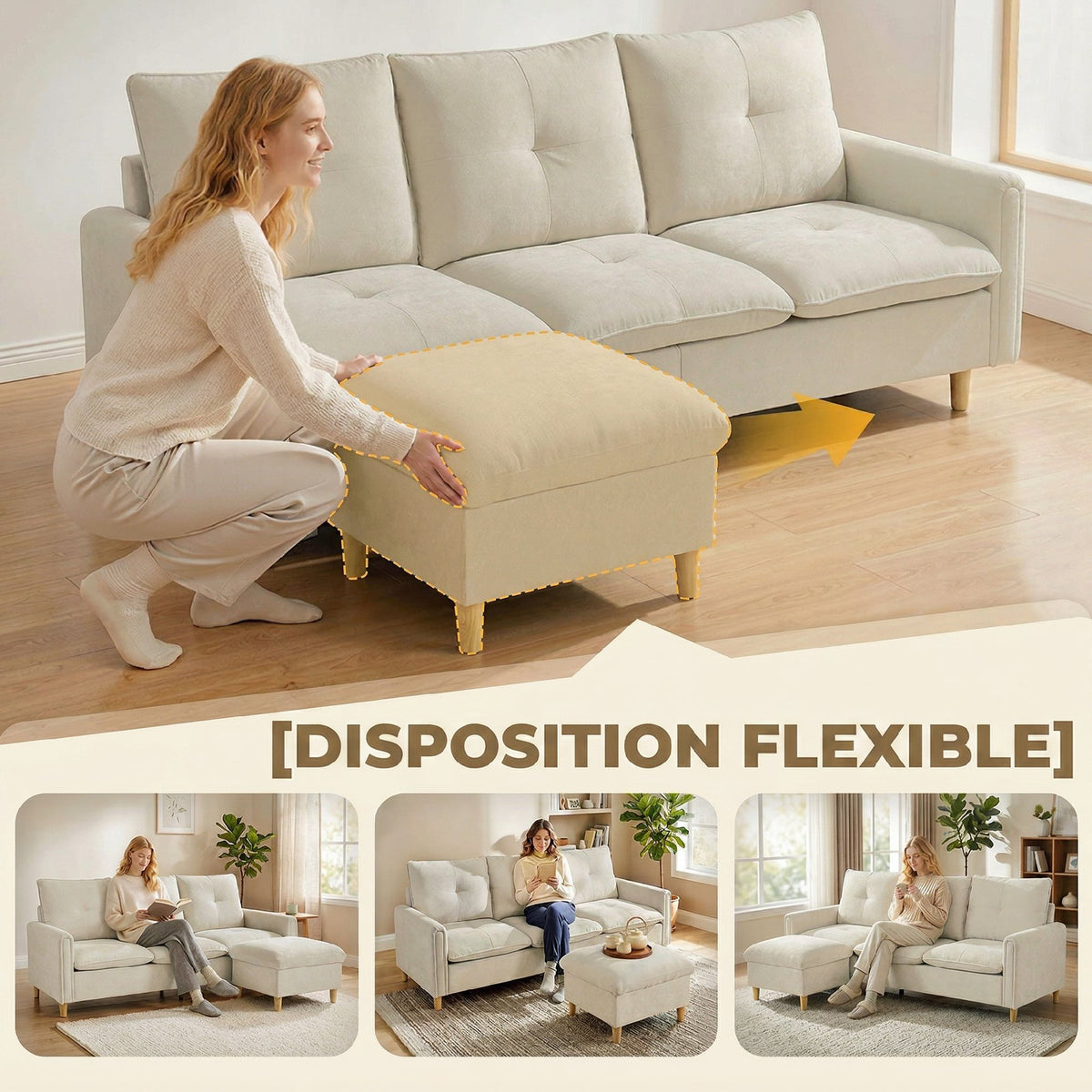 Canapé 3 places avec pouf de rangement, canapé d'angle modulable 210 cm, assise large, tissu aspect lin, crème