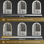 Miroir de salle de bain LED 90 x 60cm, mural, 3 couleurs, arqué cadre en aluminium, désembuage et interrupteur tactile