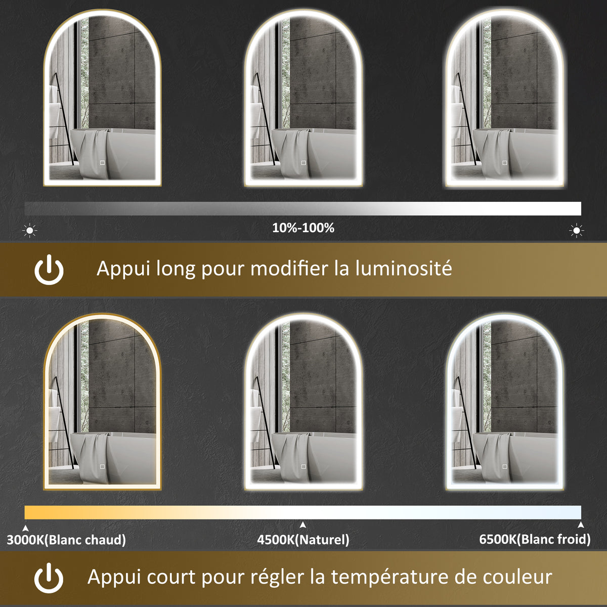 Miroir de salle de bain LED 90 x 60cm, mural, 3 couleurs, arqué cadre en aluminium, désembuage et interrupteur tactile