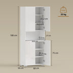Buffet haut cuisine, armoire de cuisine, 4 portes à fermeture douce et étagères réglables, 68x34x180cm, blanc brillant