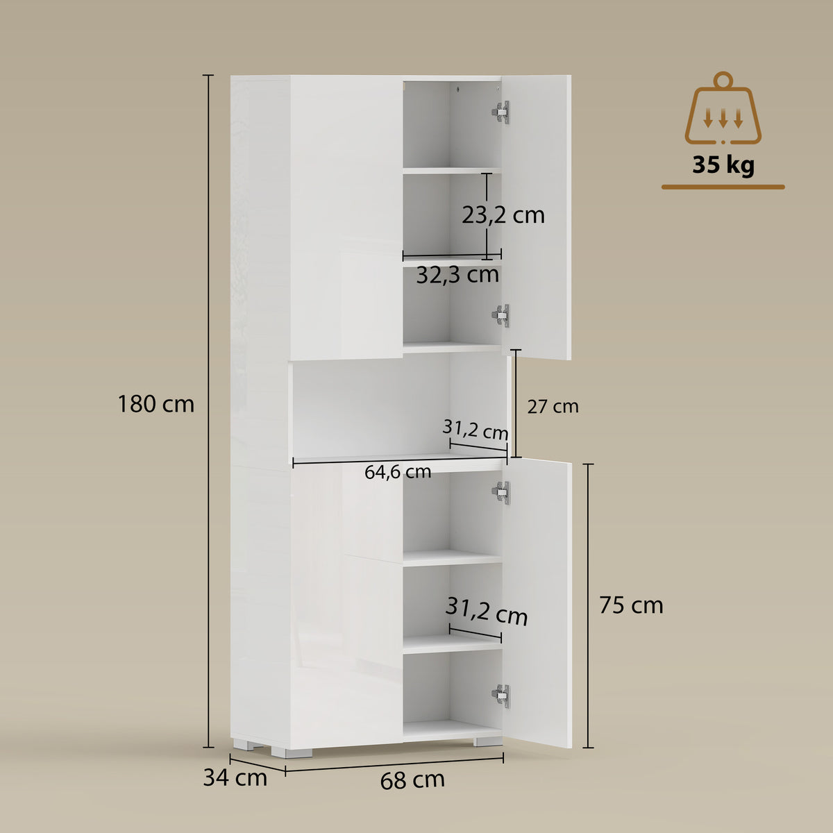 Buffet haut cuisine, armoire de cuisine, 4 portes à fermeture douce et étagères réglables, 68x34x180cm, blanc brillant