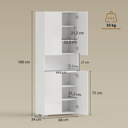 Buffet haut cuisine, armoire de cuisine, 4 portes à fermeture douce et étagères réglables, 68x34x180cm, blanc brillant