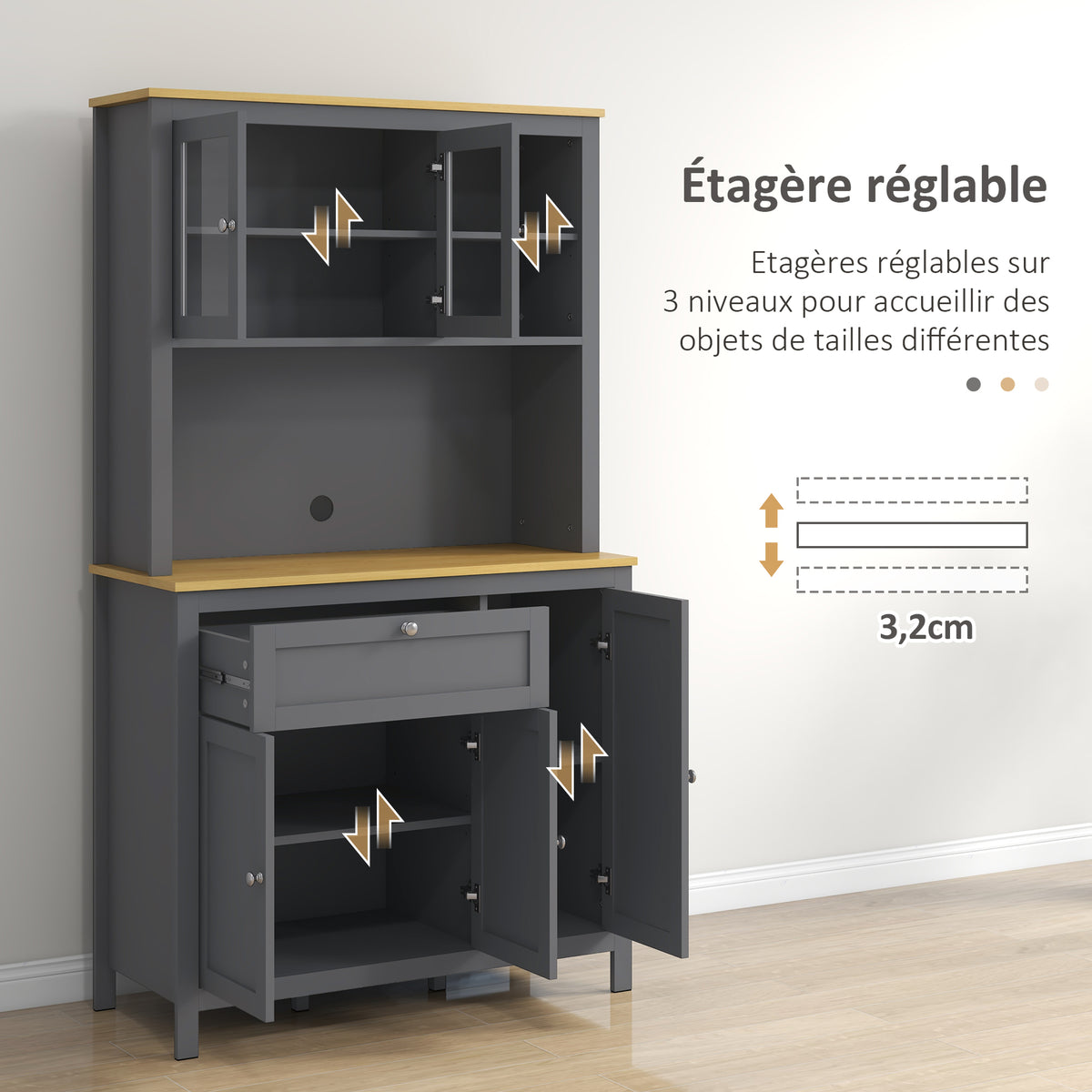 Armoire de cuisine buffet cuisine 5 portes dont 2 portes vitrées et 1 tiroir, 1 niche centrale - hauteur 180 cm gris