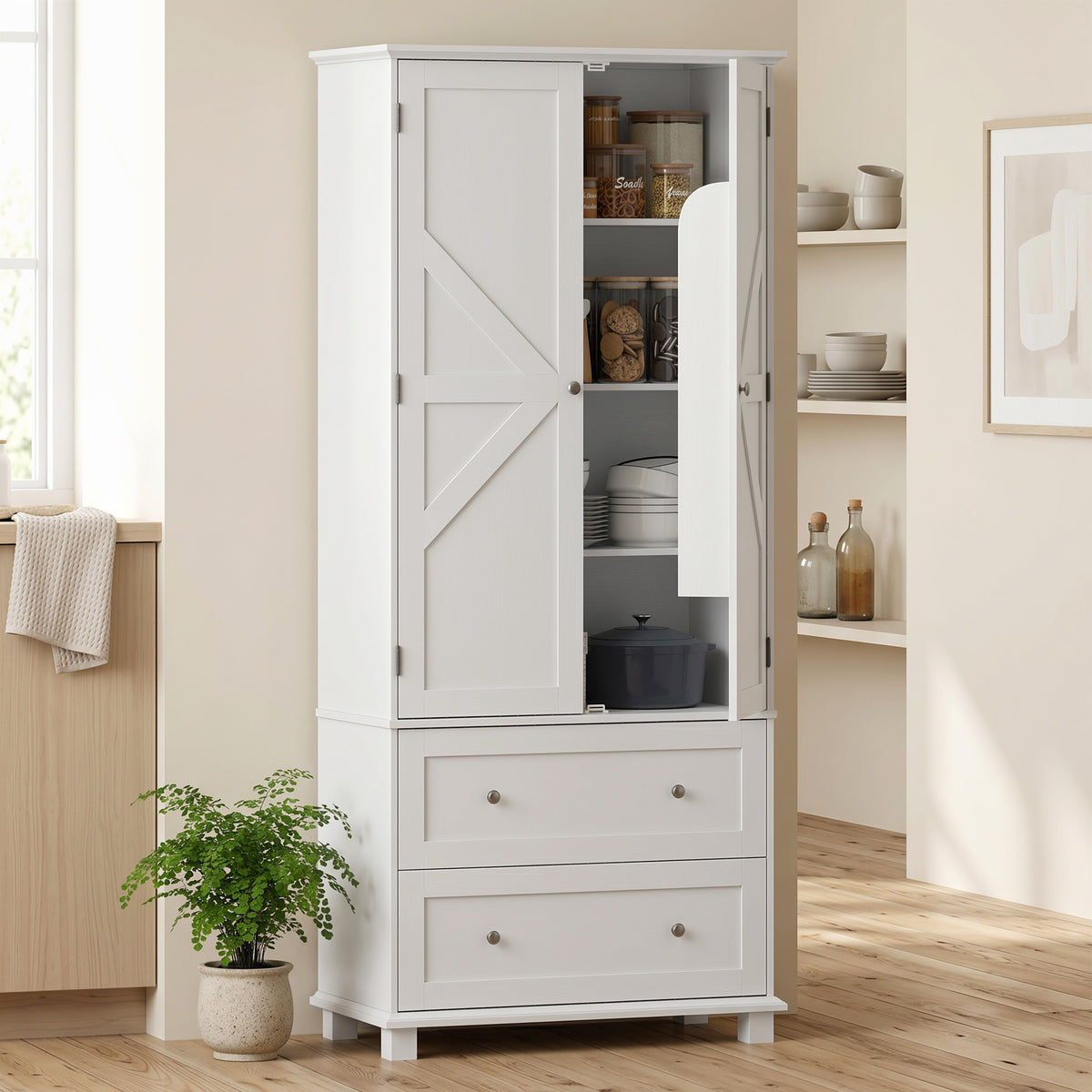 Buffet haut cuisine, armoire de cuisine 2 portes, 2 tiroirs, 6 porte-racks, étagères réglables, 80x39,5x184,5cm, blanc