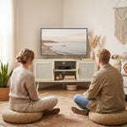 Meuble TV d'Angle 115 cm, Meuble Télé pour Téléviseur jusqu'à 65 Pouces, 2 Portes en Rotin  2 Compartiments, Chêne