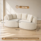 Canapé 3 Places Incurvé en Chenille 188 cm, Canapé Salon avec Assise Profonde, 6 Coussins, Rembourrage Épais, Crème