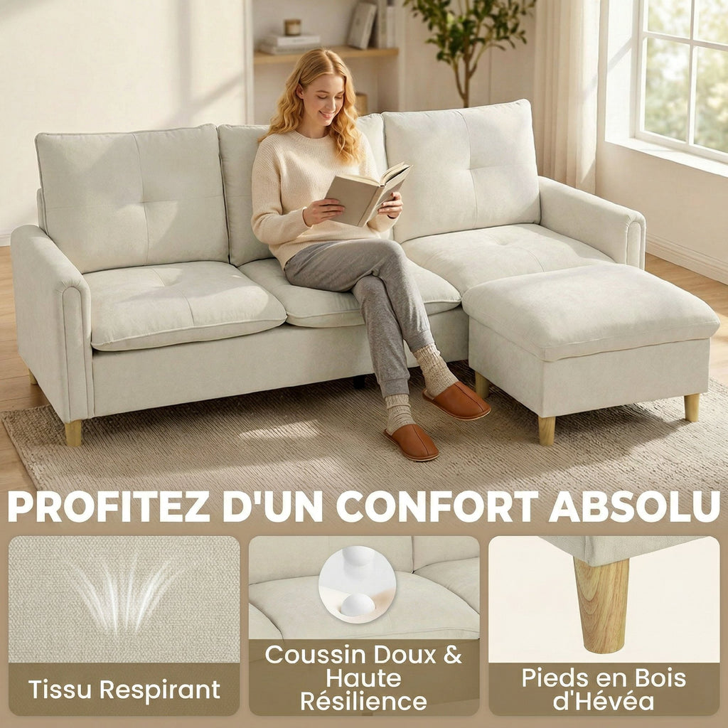Canapé 3 places avec pouf de rangement, canapé d'angle modulable 210 cm, assise large, tissu aspect lin, crème
