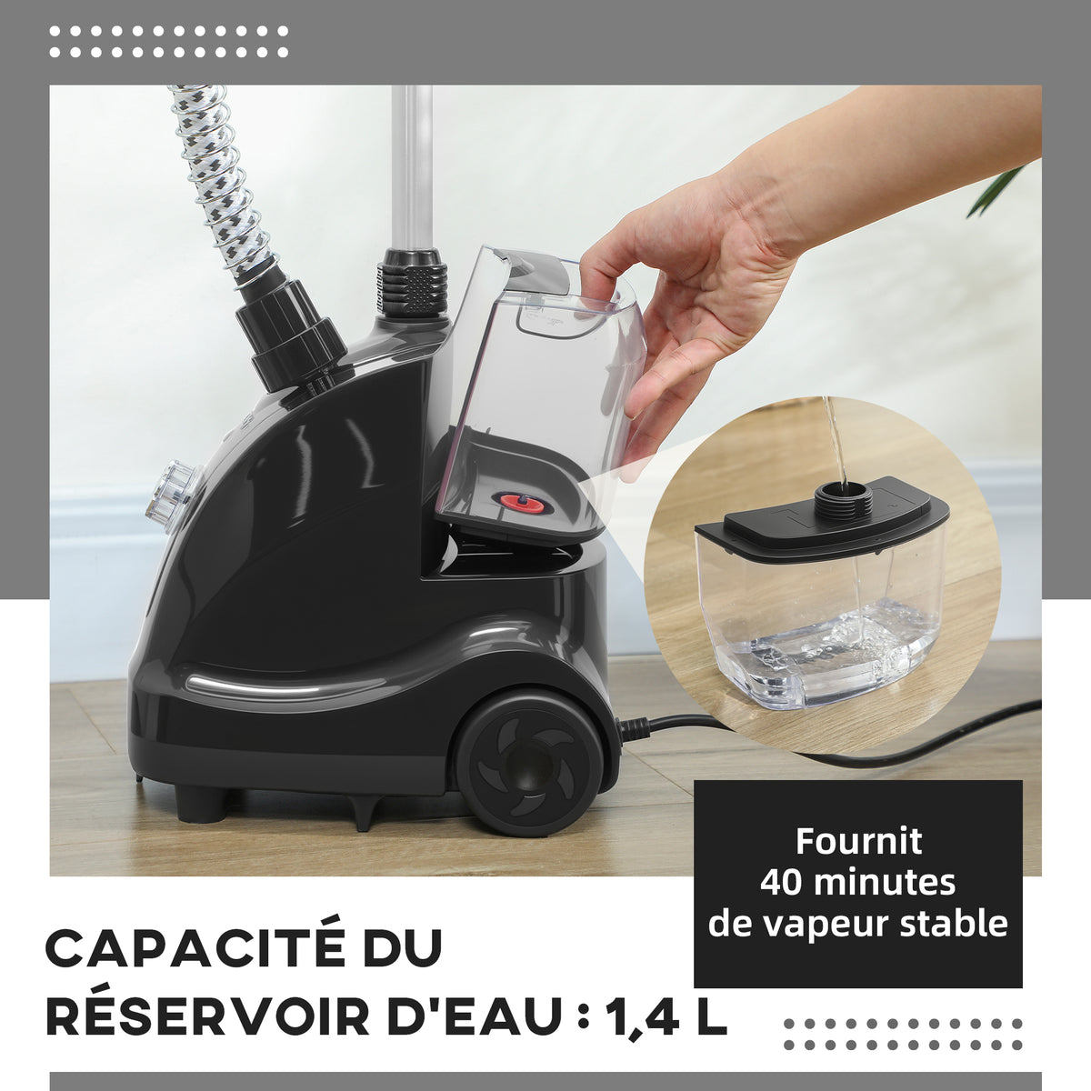 Défroisseur vapeur vertical défroisseur à vêtements 1,4 L 1950 W débit vapeur 30g/min tige telescopique noir
