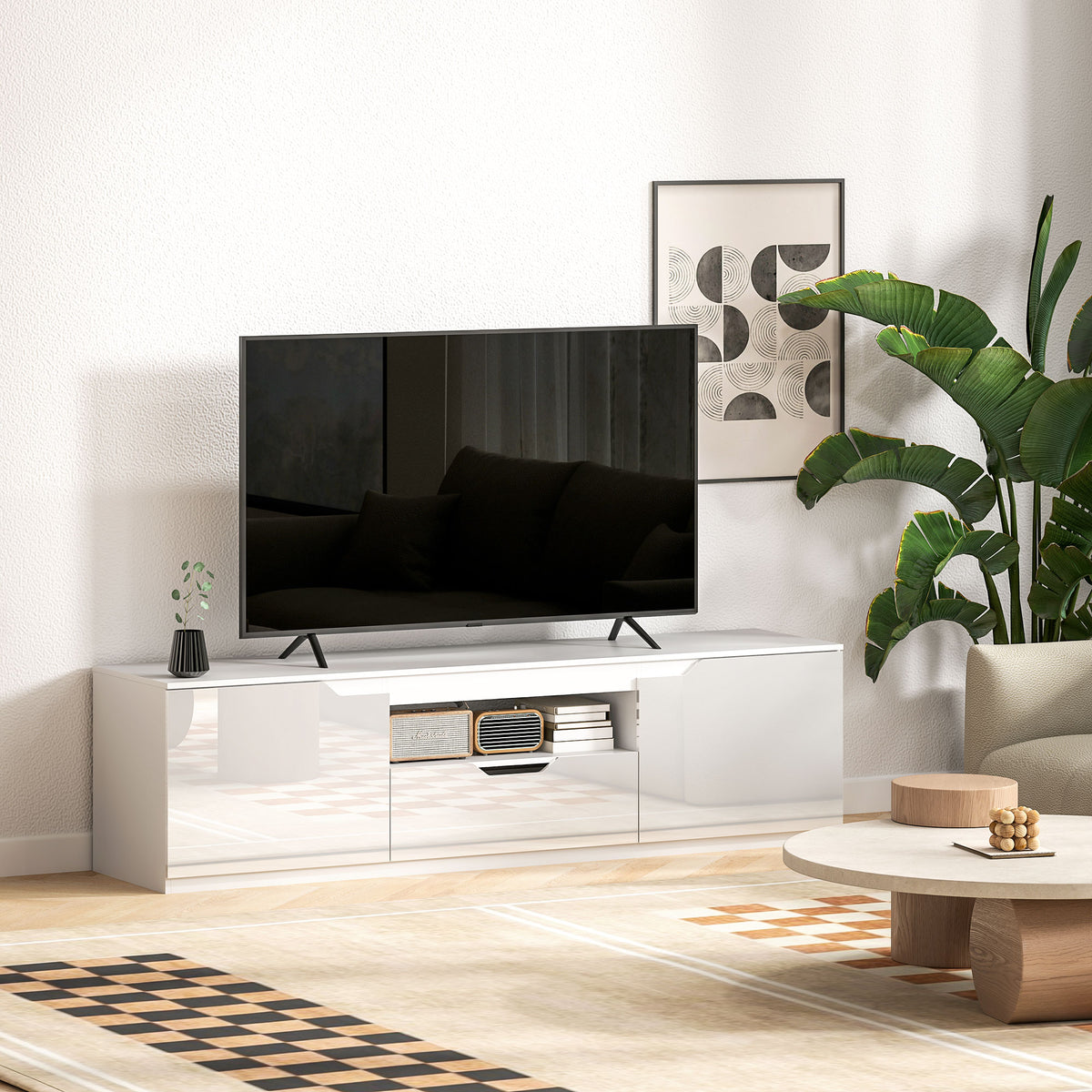 Meuble TV 160 cm, meuble télé pour téléviseur jusqu'à 65 pouces avec 2 portes et tiroir, blanc