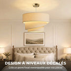 Suspension Luminaire à 3 Abat-Jour Effet Lin, Ampoule Non Incluse E14 40 W, Câble Réglable, Rosace Dorée, Beige