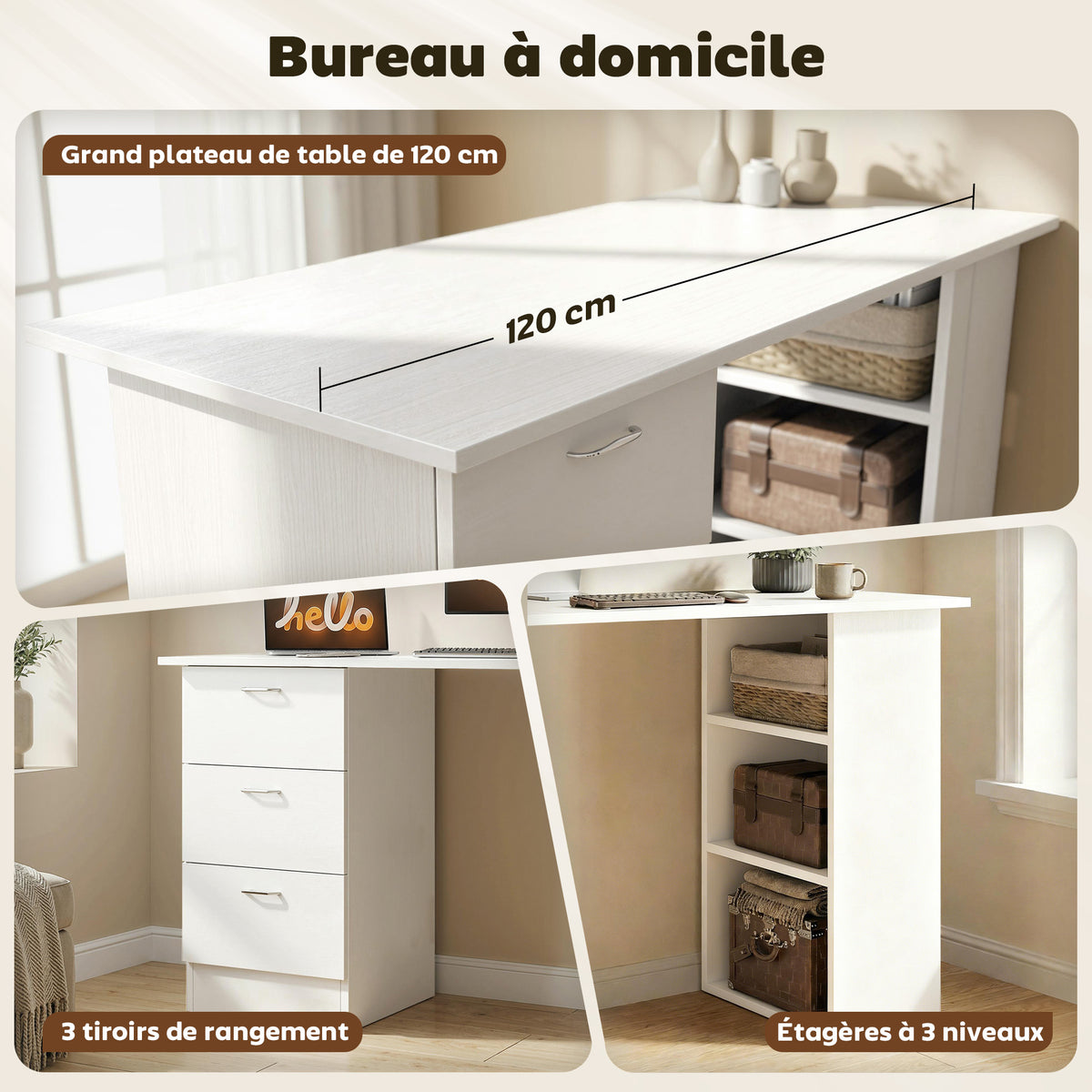 Bureau d'ordinateur avec 3 tiroirs et 3 étagères ouvertes, 120x49x72cm, bureau avec rangement réversible, style moderne, table informatique pour chambre, petit espace, télétravail, blanc