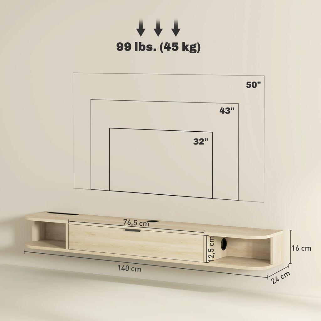 Meuble TV Suspendu Bois Naturel 140 cm – Tiroir Rabattable, 2 Étagères, Pour TV jusqu'à 60"
