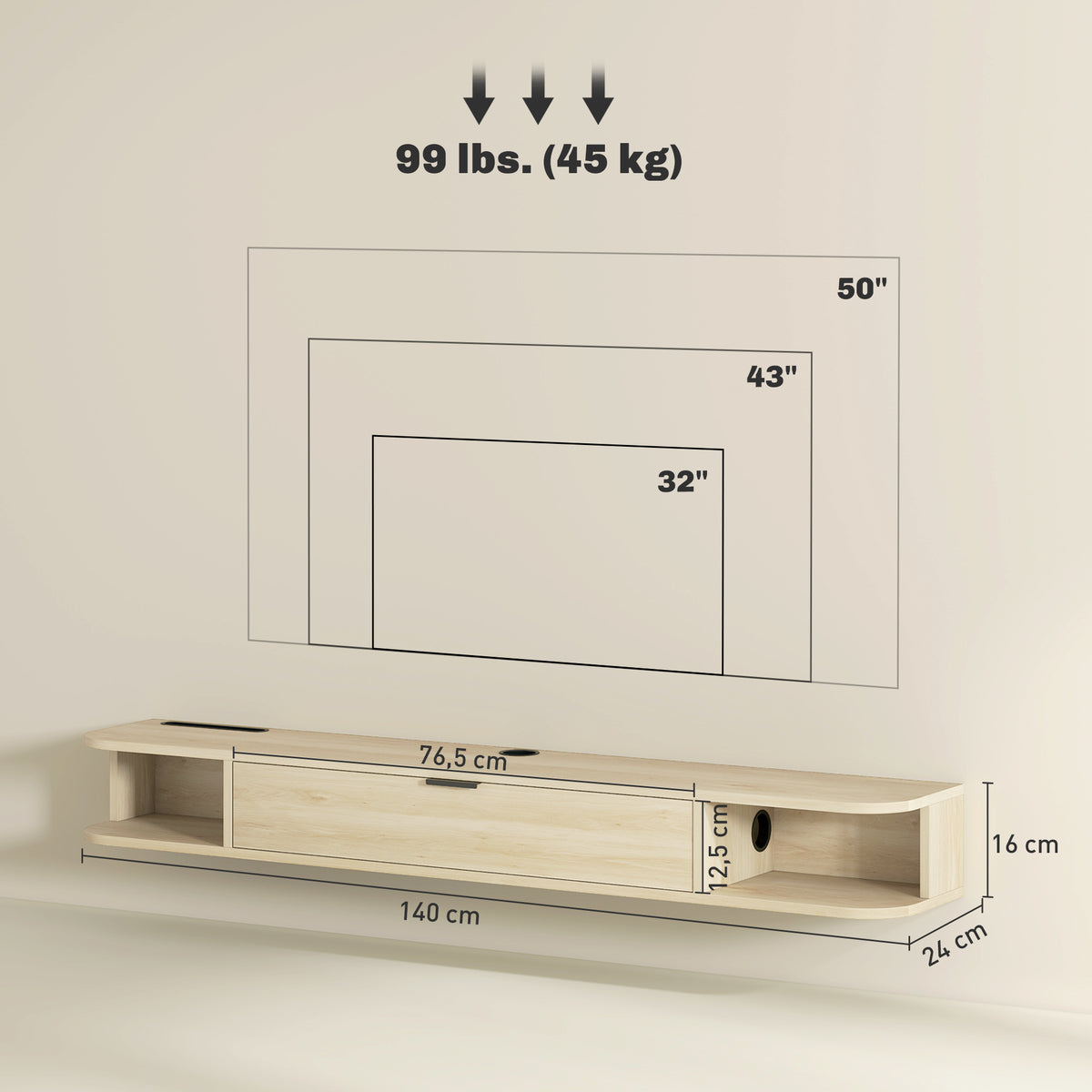 Meuble TV Suspendu Bois Naturel 140 cm – Tiroir Rabattable, 2 Étagères, Pour TV jusqu'à 60"