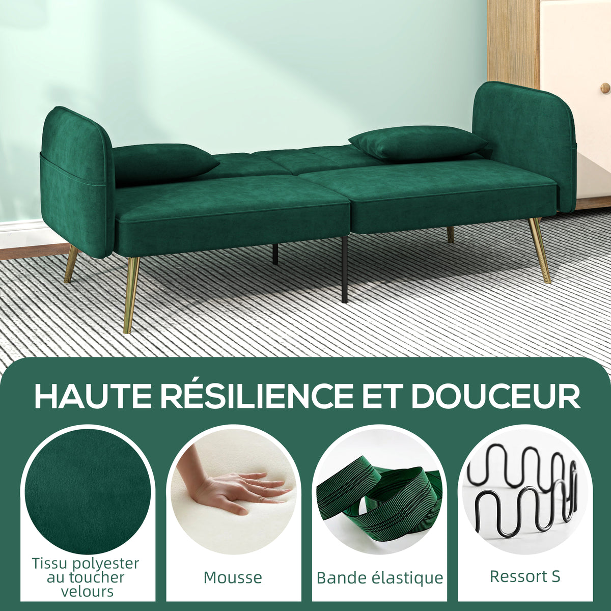 Canapé convertible 2 places canapé-lit canapé clic-clac en tissu velours avec dossier réglable, vert foncé