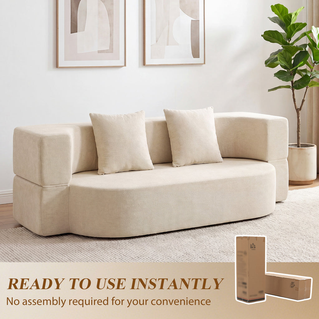 Canapé Convertible 2 Places, Canapé-Lit en Chenille 190cm, Dossier Rabattable, Assise et Accoudoirs Larges, Beige