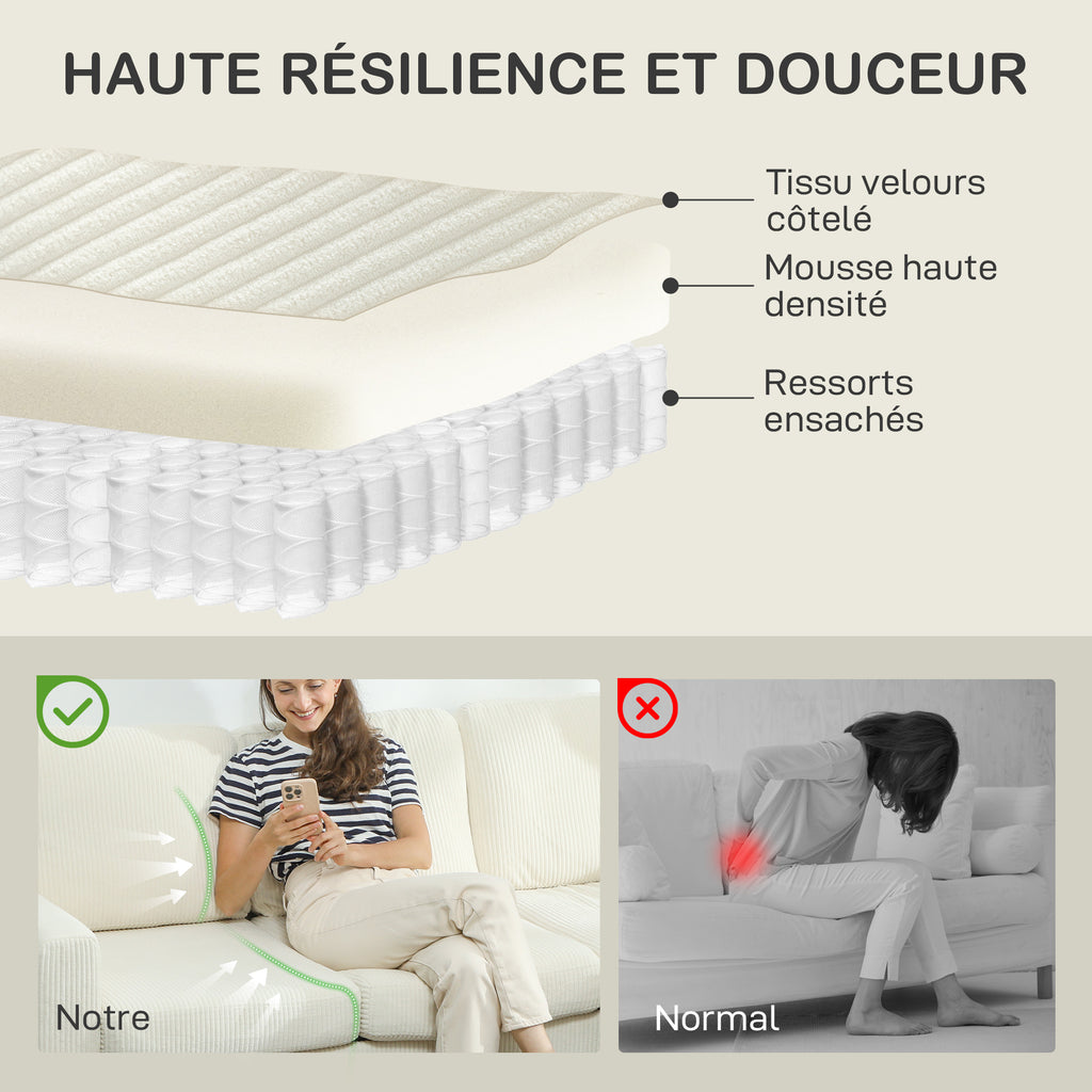 Canapé 3 places en velours côtelé, canapé avec coussins à ressorts et assise rembourré, 192x80x84,5cm, beige