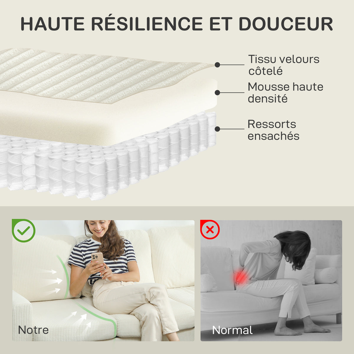 Canapé 3 places en velours côtelé, canapé avec coussins à ressorts et assise rembourré, 192x80x84,5cm, beige