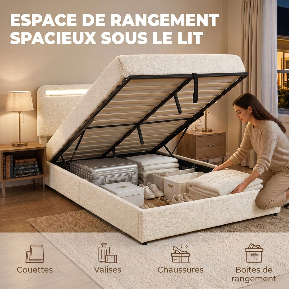 Lit Coffre 160 x 200 cm, LED RGB, Tête Réglable, Cadre de Lit Double Rembourré Velours, Rangement Hydraulique, Crème
