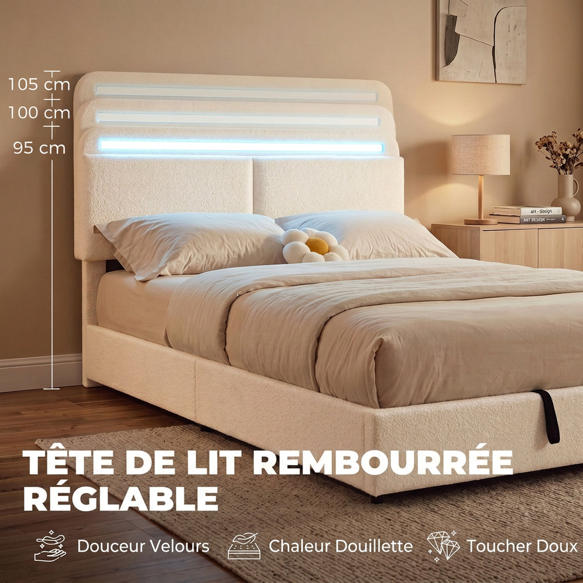 Lit Coffre 160 x 200 cm, LED RGB, Tête Réglable, Cadre de Lit Double Rembourré Velours, Rangement Hydraulique, Crème