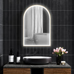 Miroir de salle de bain LED 90 x 60cm, mural, 3 couleurs, arqué cadre en aluminium, désembuage et interrupteur tactile