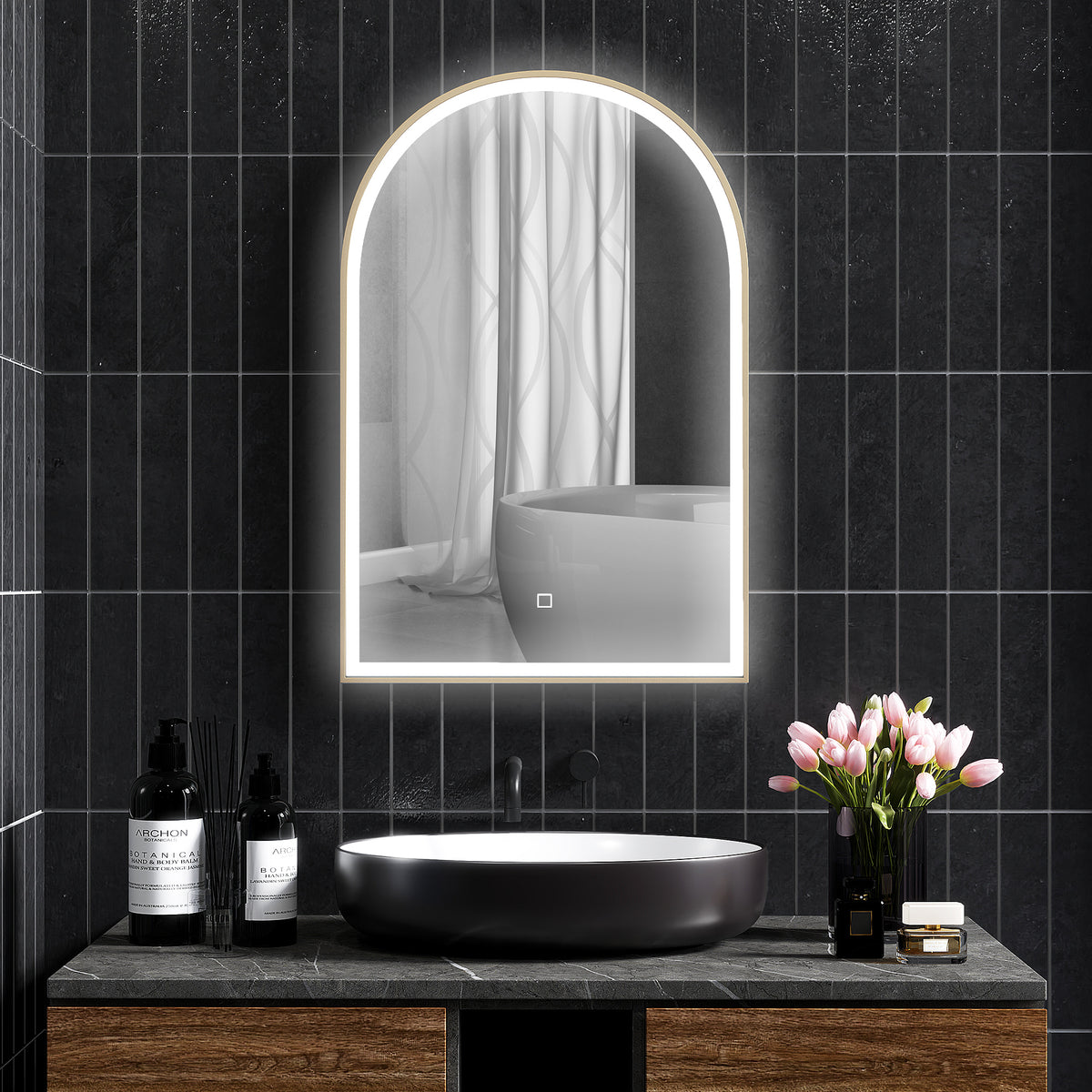 Miroir de salle de bain LED 90 x 60cm, mural, 3 couleurs, arqué cadre en aluminium, désembuage et interrupteur tactile