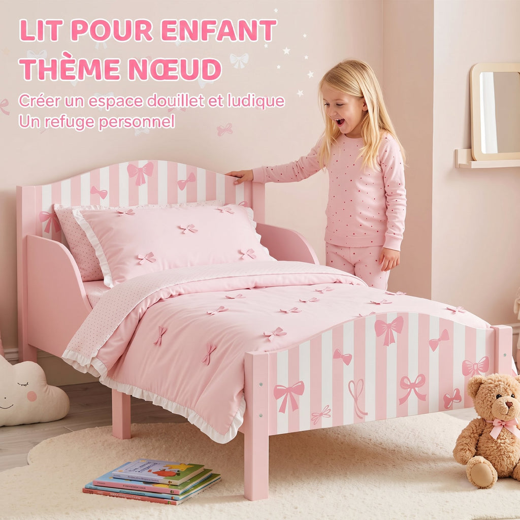 Lit Enfant 70 x 140 cm, Lit pour Enfant avec Barrière de Sécurité et Sommier à Lattes en Bois, Motif Nœud, Rose