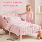 Lit Enfant 70 x 140 cm, Lit pour Enfant avec Barrière de Sécurité et Sommier à Lattes en Bois, Motif Nœud, Rose
