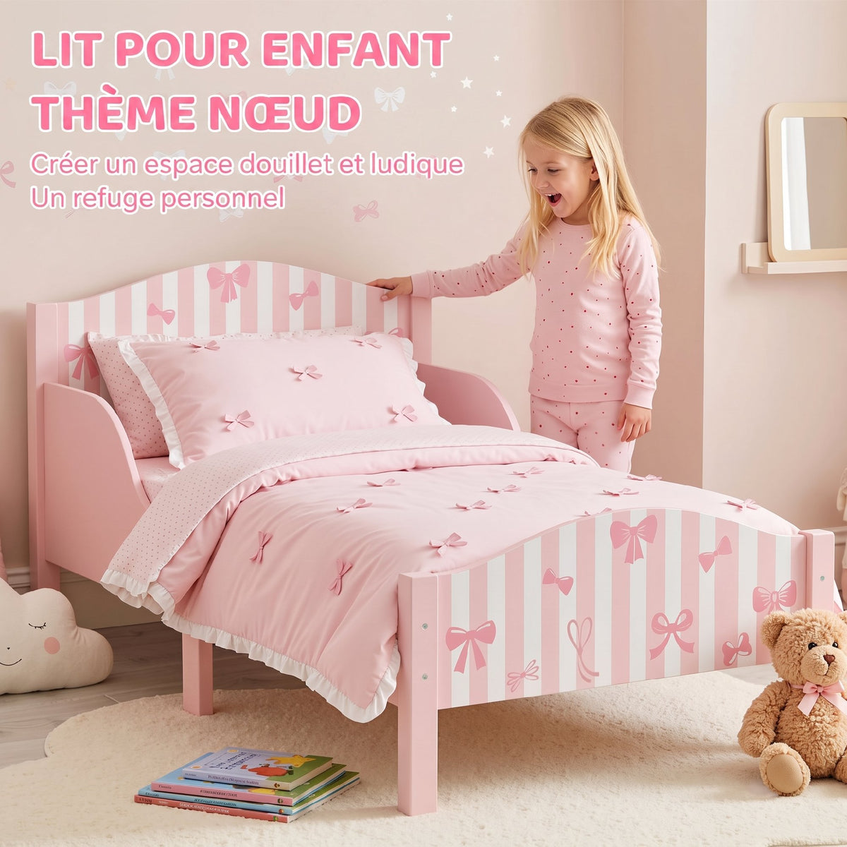 Lit Enfant 70 x 140 cm, Lit pour Enfant avec Barrière de Sécurité et Sommier à Lattes en Bois, Motif Nœud, Rose