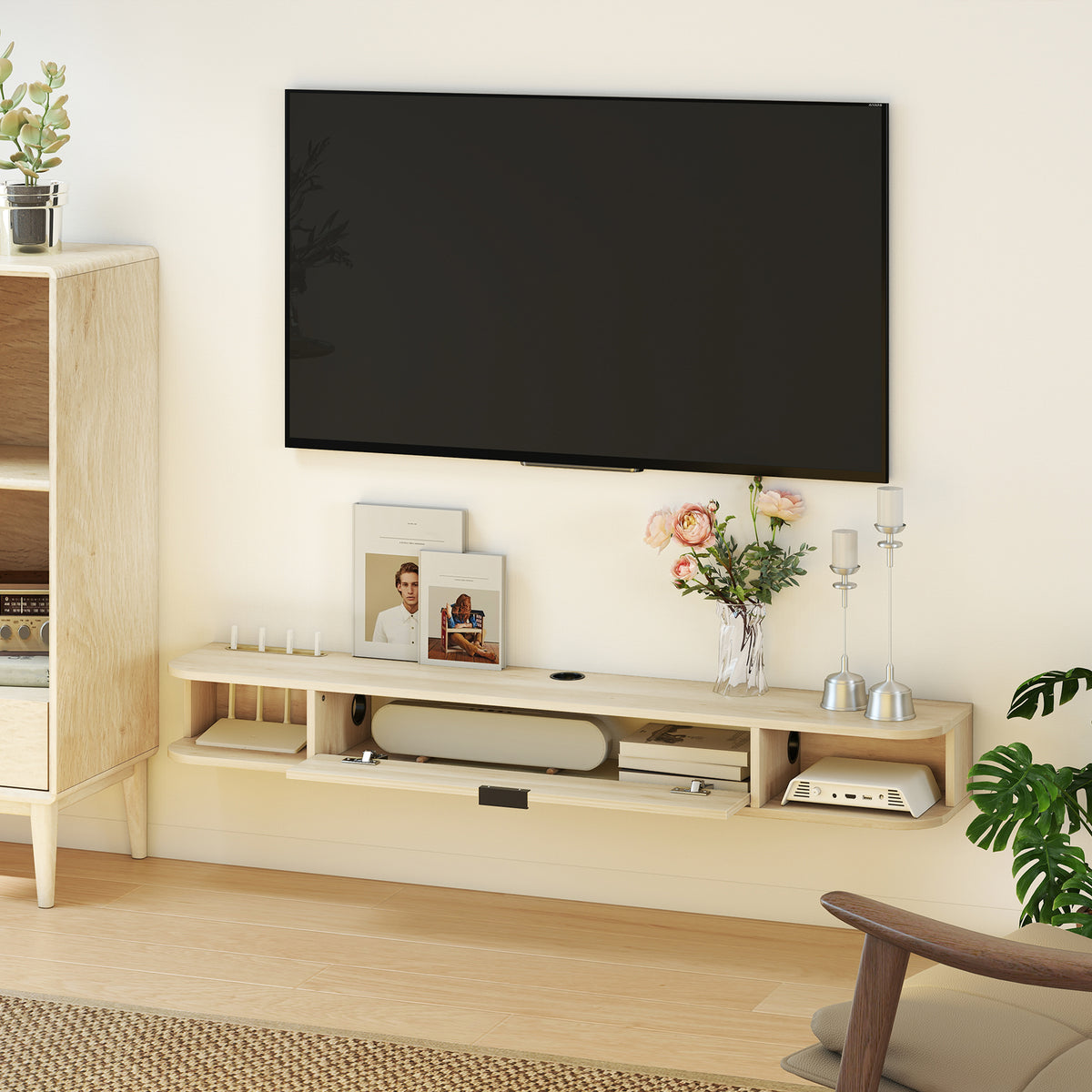 Meuble TV Suspendu Bois Naturel 140 cm – Tiroir Rabattable, 2 Étagères, Pour TV jusqu'à 60"