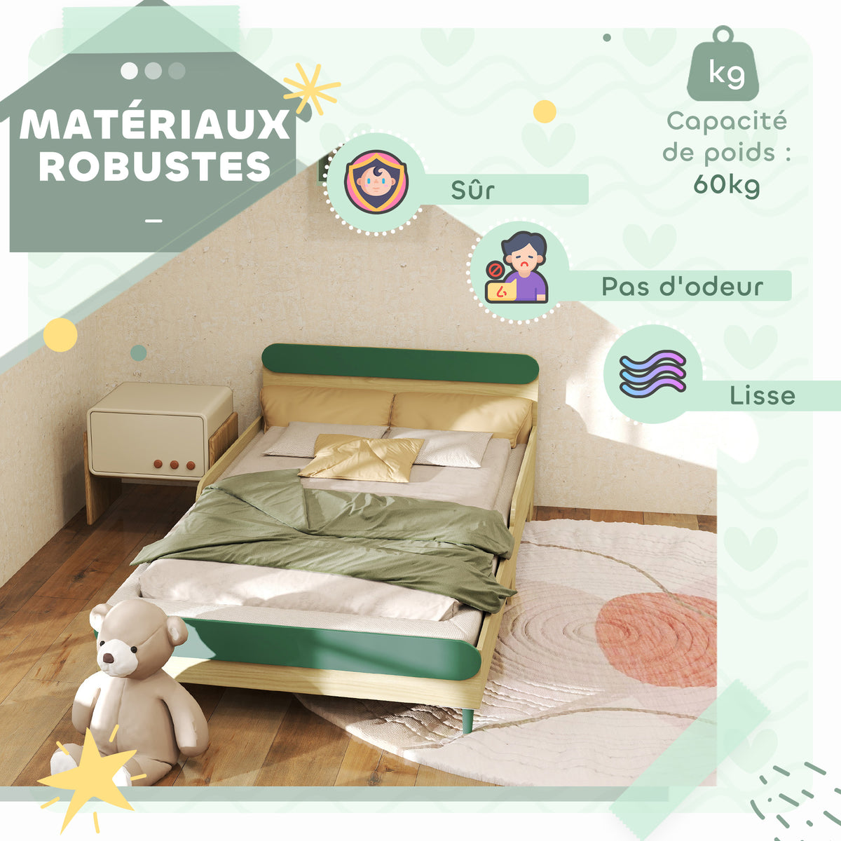 Lit pour enfant lit au sol enfant de 3 à 10 ans avec barrière de sécurité, sommier à lattes inclus, vert