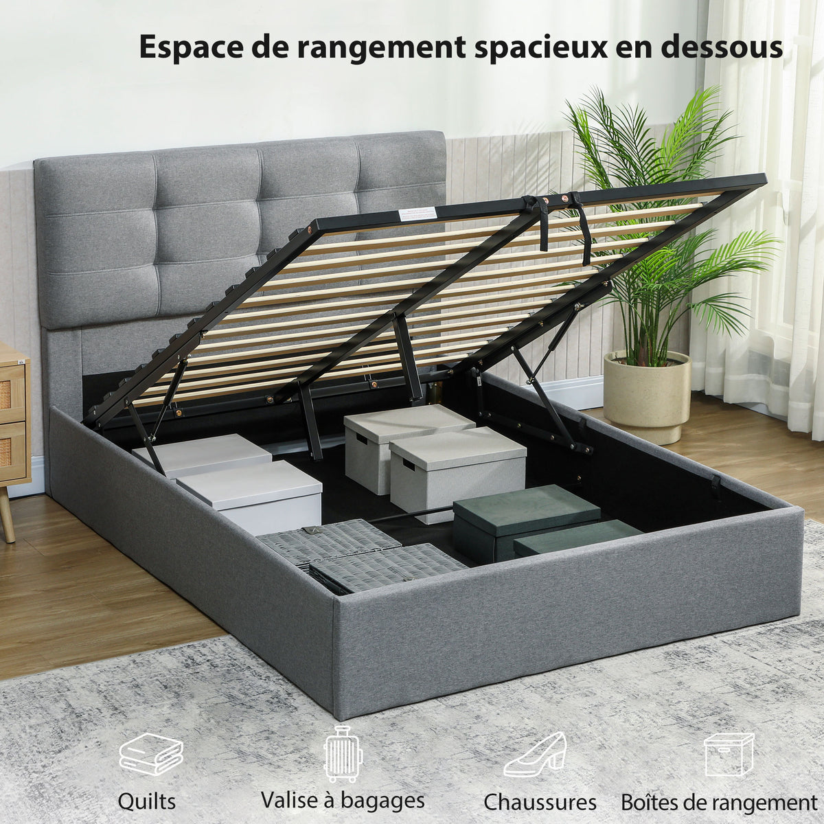 Lit coffre 140x190, cadre de lit double rembourré avec sommier à lattes en bois et rangement cach, sans matelas, gris