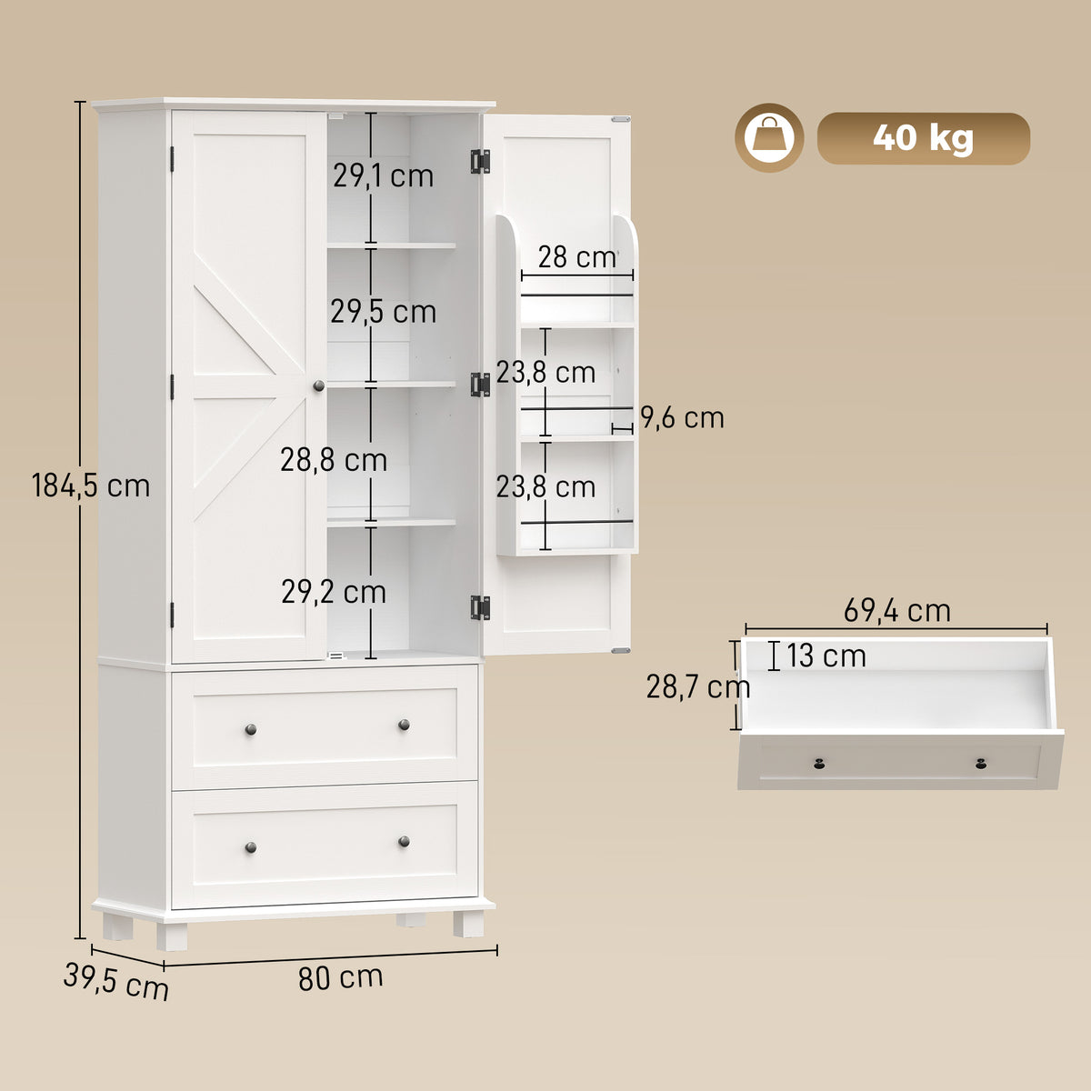 Buffet haut cuisine, armoire de cuisine 2 portes, 2 tiroirs, 6 porte-racks, étagères réglables, 80x39,5x184,5cm, blanc