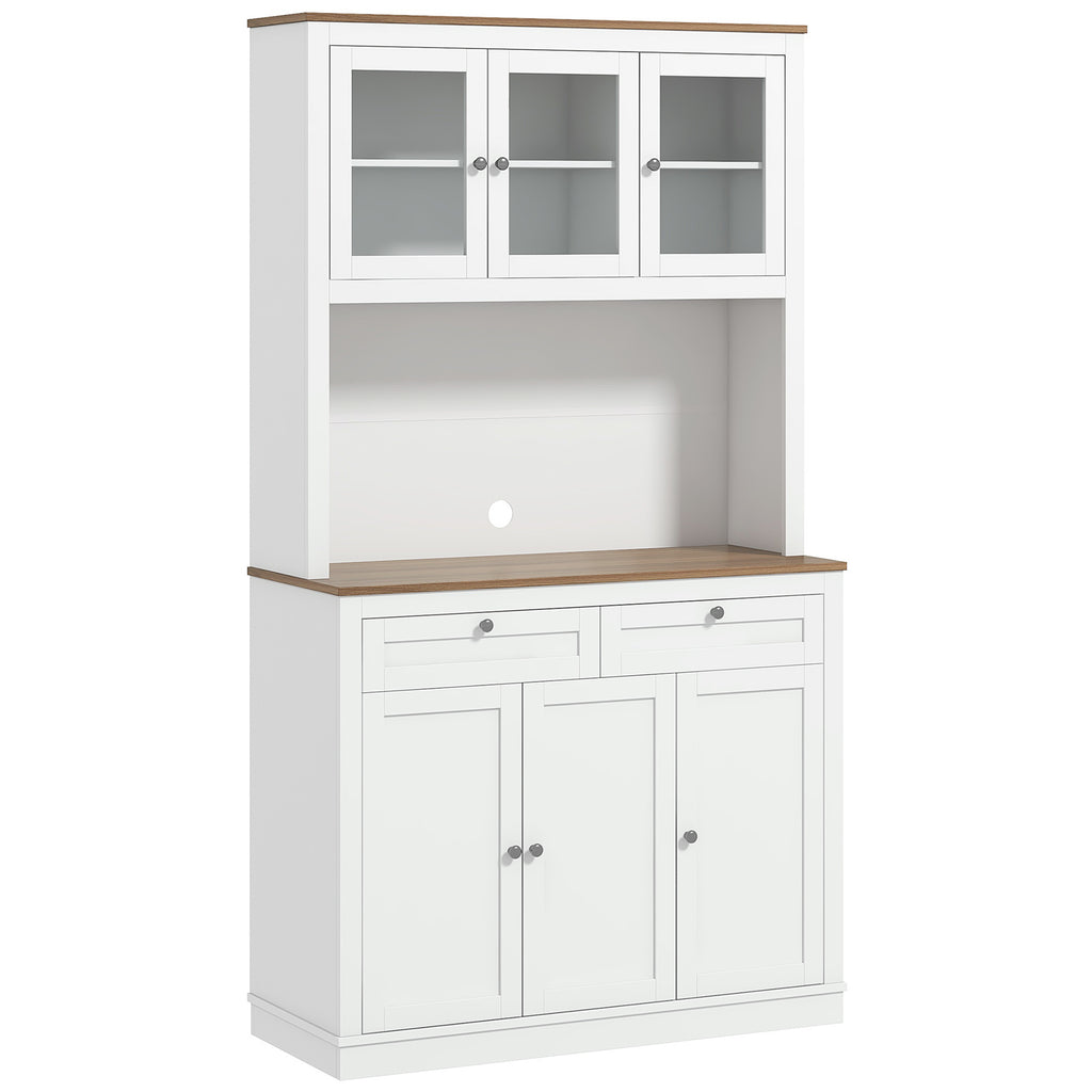 Buffet haut cuisine, armoire de cuisine, 6 portes, 2 tiroirs, plan de travail, étagères réglables, 100x40x180cm, blanc
