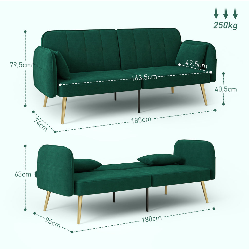 Canapé convertible 2 places canapé-lit canapé clic-clac en tissu velours avec dossier réglable, vert foncé