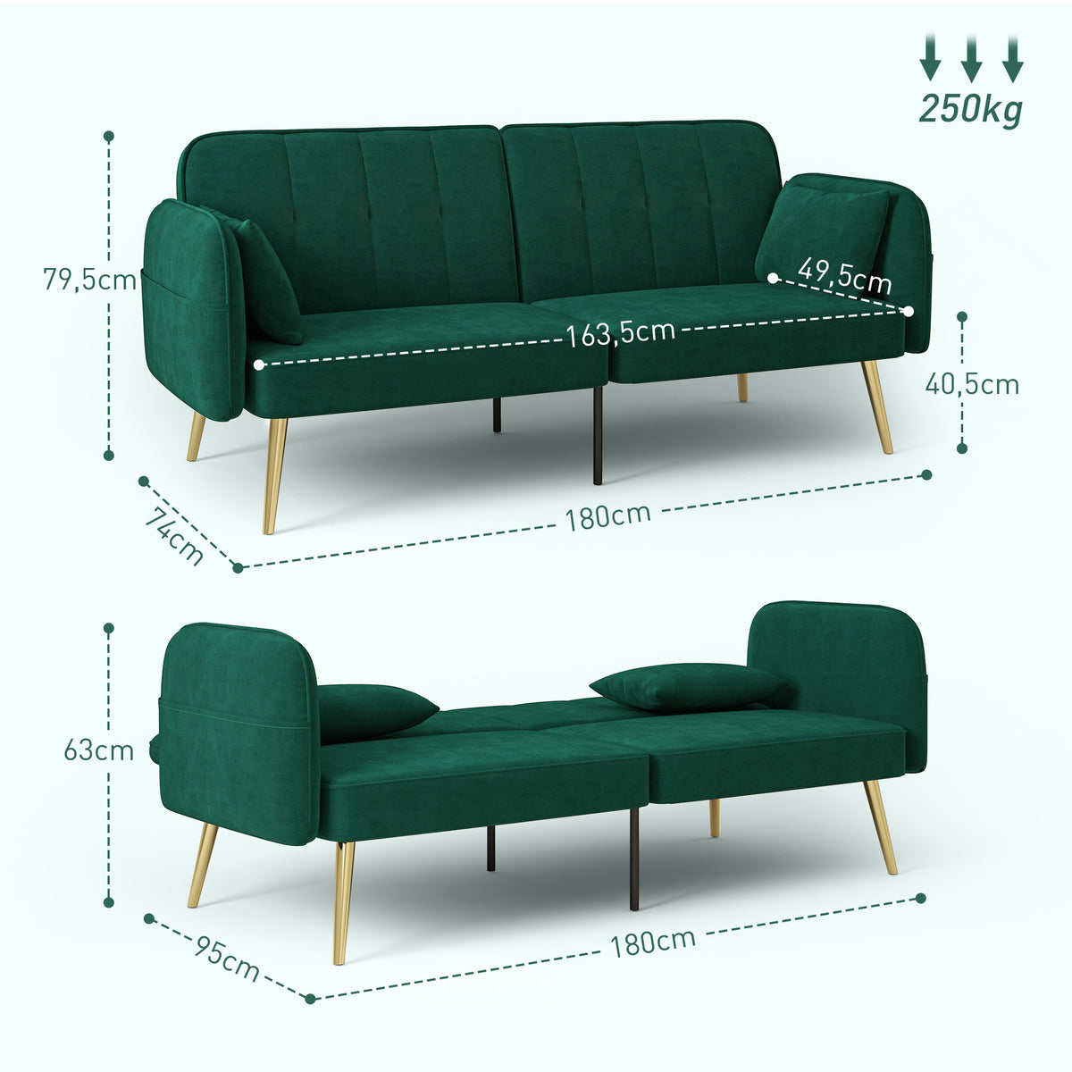 Canapé convertible 2 places canapé-lit canapé clic-clac en tissu velours avec dossier réglable, vert foncé
