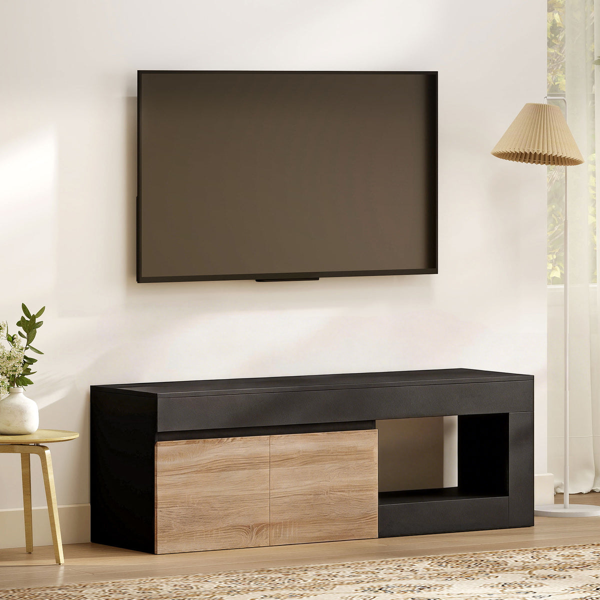 Meuble TV 2 portes pour téléviseurs jusqu'à 60 pouces, meuble télé avec placard et étagère ouverte, noir