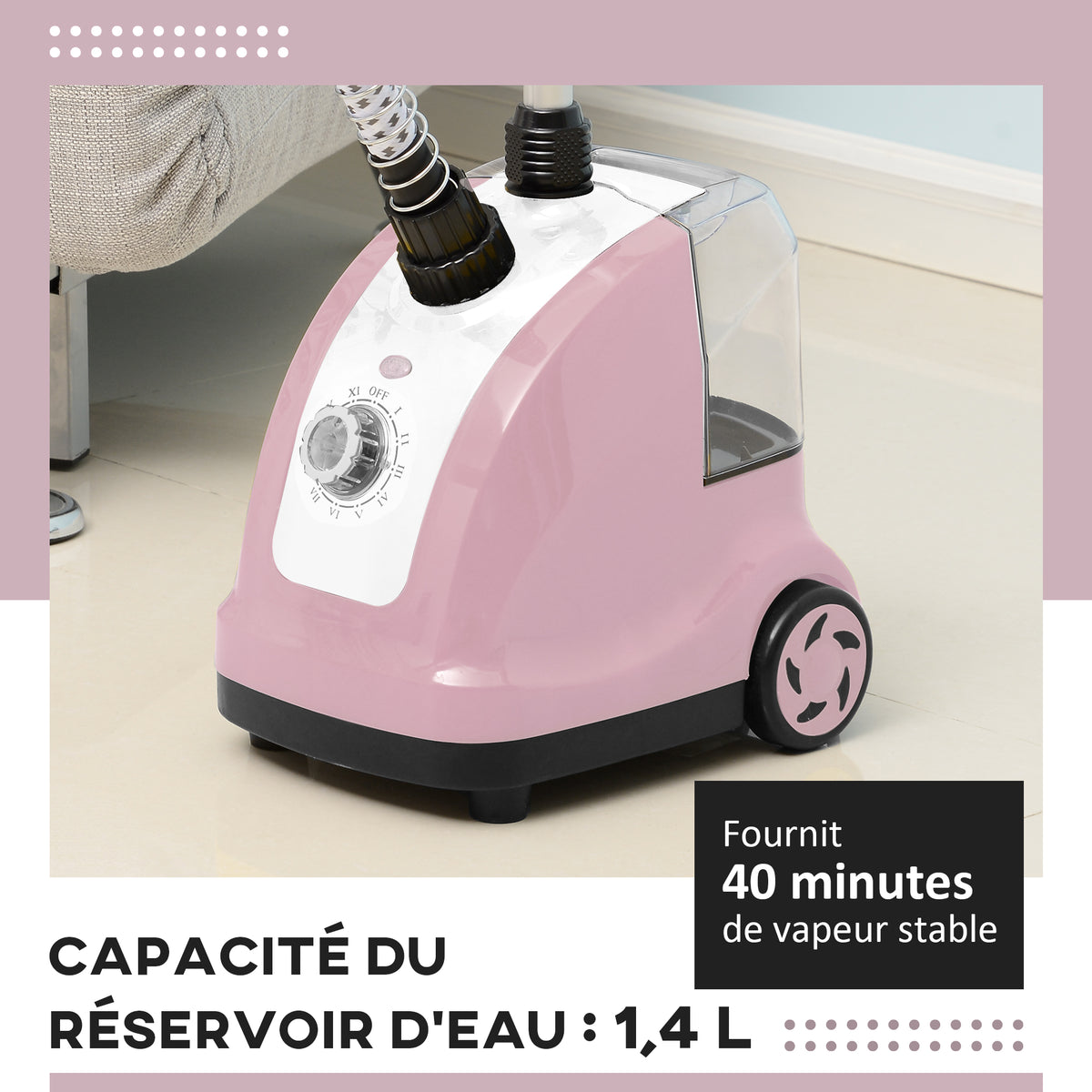 Défroisseur vapeur vertical défroisseur à vêtements 1,4 L 1950 W débit vapeur 32g/min tige telescopique rose noir