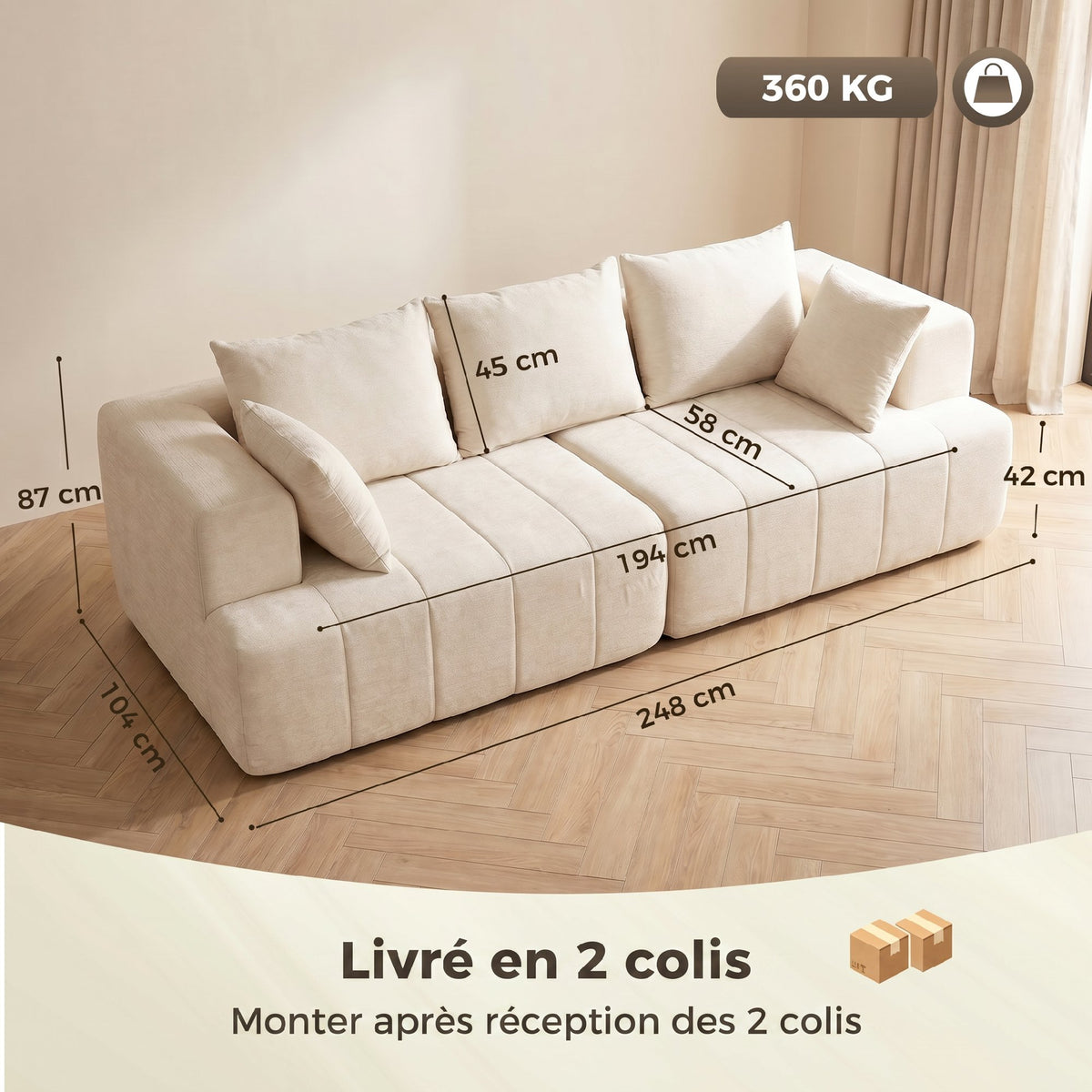 Canapé 3 places en chenille 248 cm, canapé salon moderne, large assise rembourrée, coussins à ressorts, beige