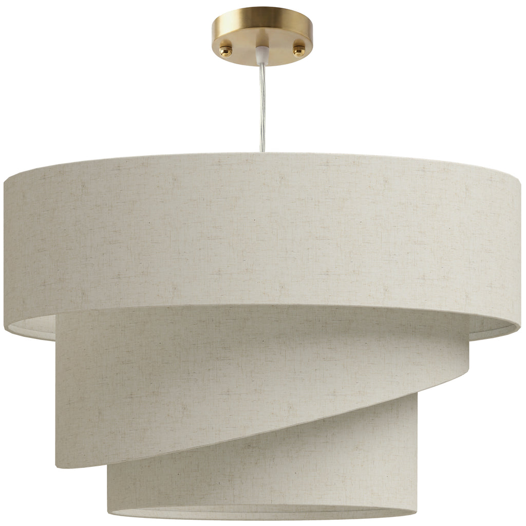 Suspension Luminaire à 3 Abat-Jour Effet Lin, Ampoule Non Incluse E14 40 W, Câble Réglable, Rosace Dorée, Beige