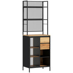 Buffet, armoire de cuisine, plan de travail, porte coulissante, tiroirs et étagères ouvertes, 60x40x180cm, bois naturel